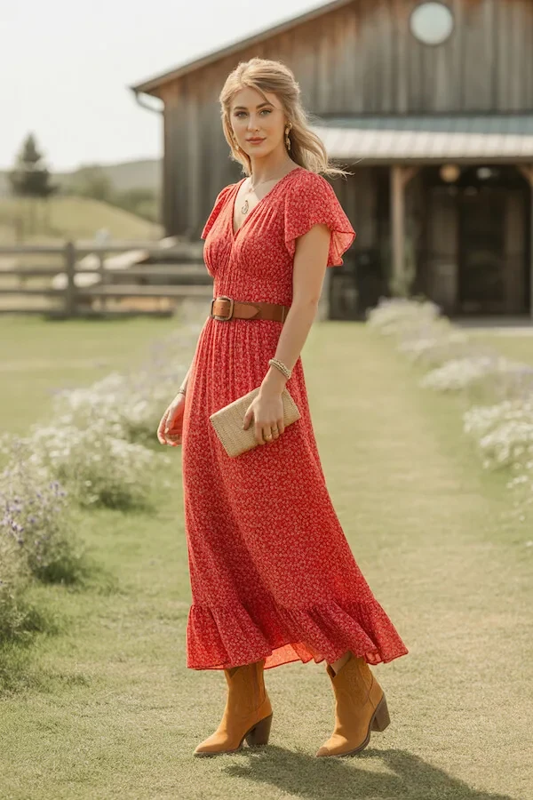 Red Floral Midi Dress with Tan Leather Belt and Western Boots