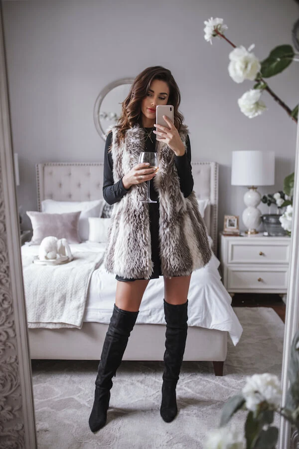 Grey Faux Fur Vest Black Mini Dress Over-the-Knee Boots