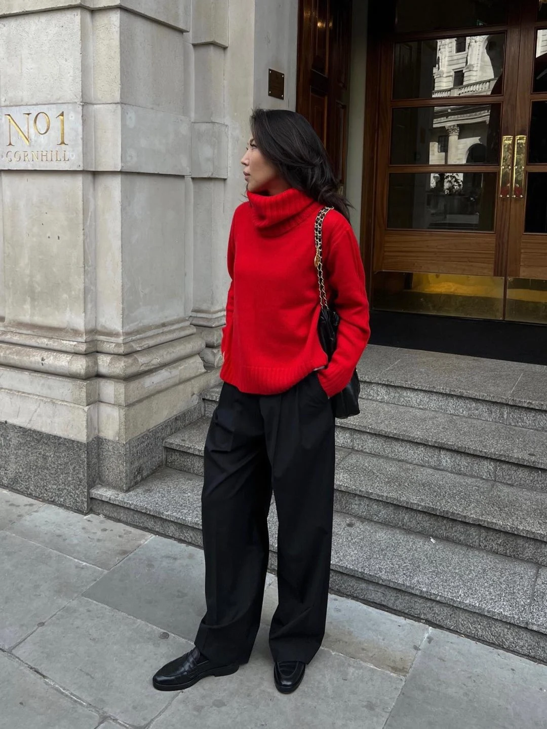 Red Turtleneck Sweater Outfit with Black Wide-Leg Trousers