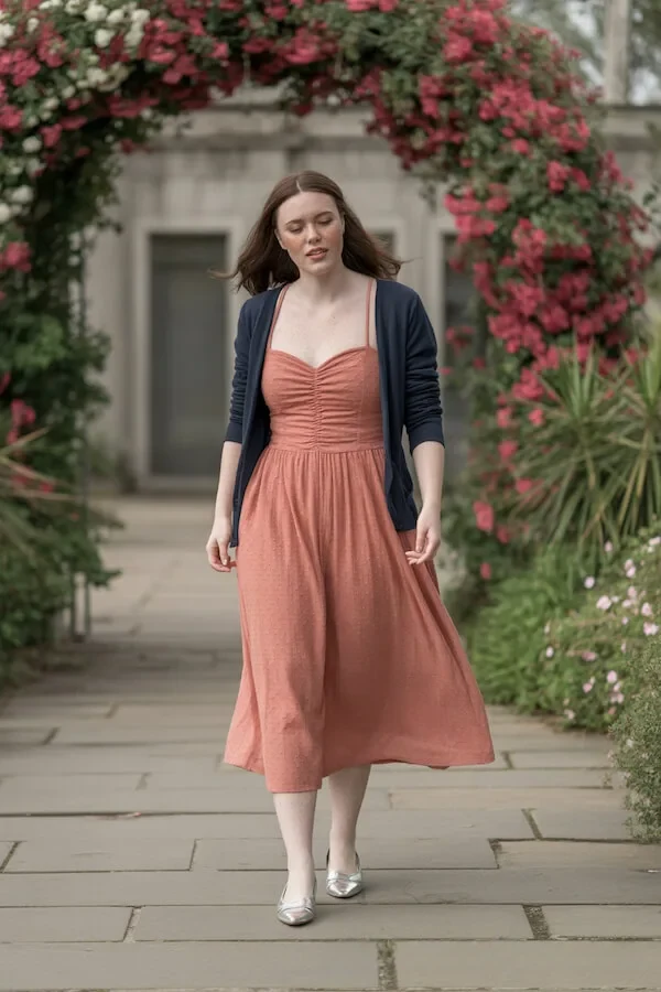 Coral Ruched Midi Dress with Navy Cardigan Spring Outfit