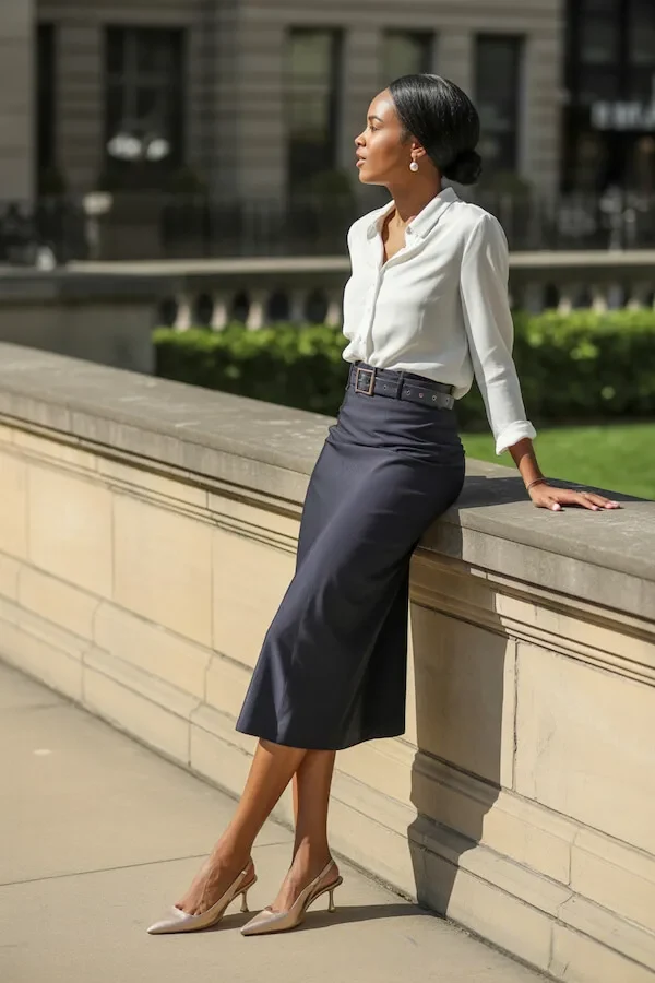 White Silk Blouse Navy Midi Skirt Office Outfit with Nude Pumps