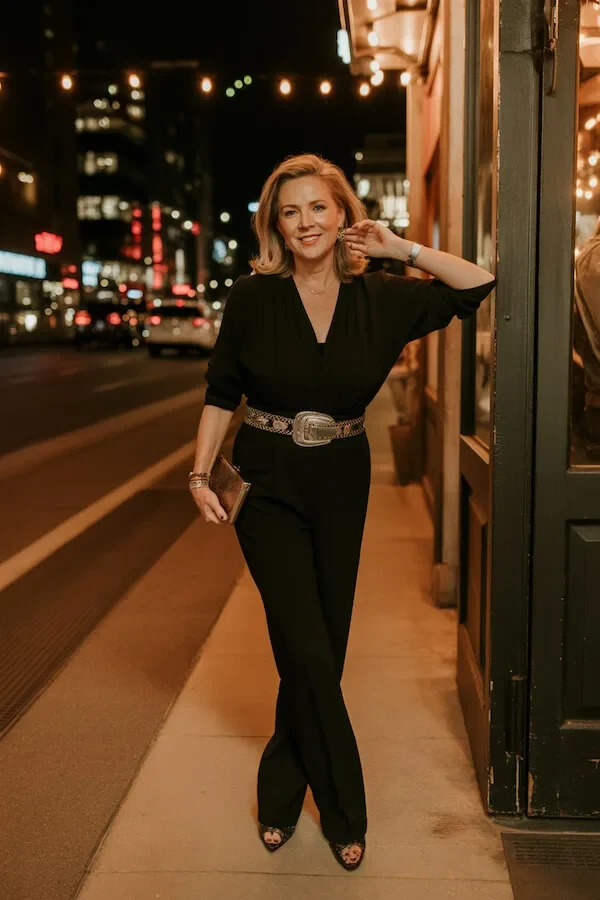 Black Jumpsuit with Statement Western Belt for Evening