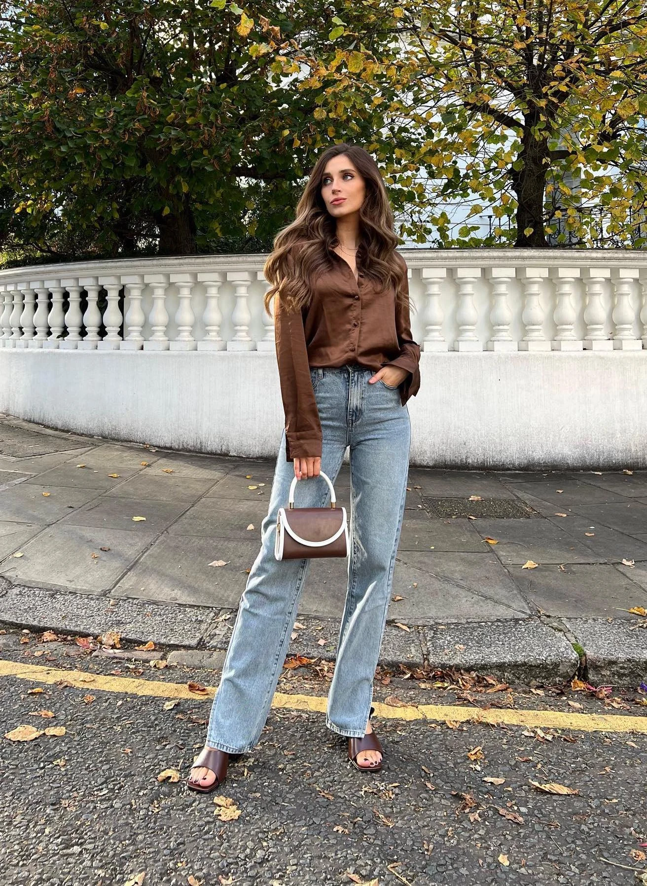 Chocolate Brown Satin Shirt Outfit with Light Wash Jeans