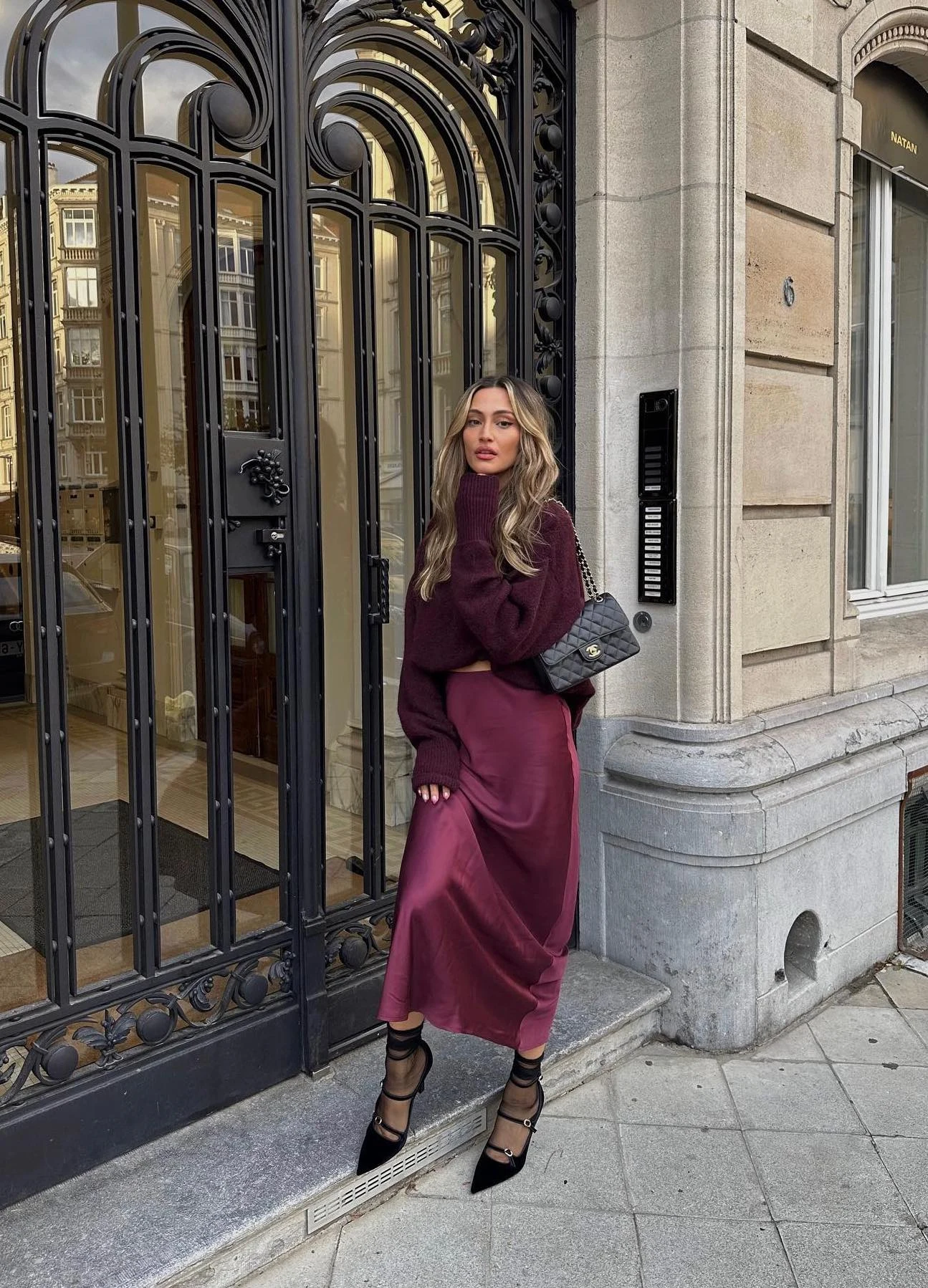Burgundy Turtleneck Sweater Satin Midi Skirt Outfit