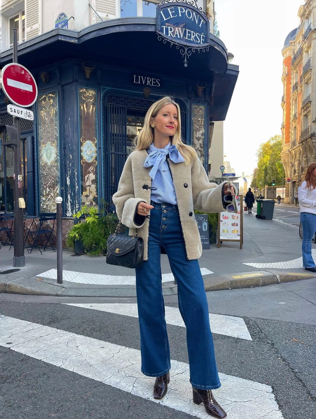 Beige Wool Jacket Outfit with Striped Bow Blouse Wide-Leg Jeans
