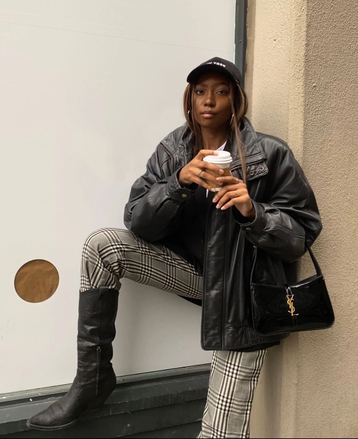 Black Leather Jacket Outfit with Check Trousers