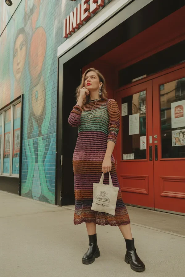Multicolor Striped Knit Midi Dress with Black Platform Chelsea Boots