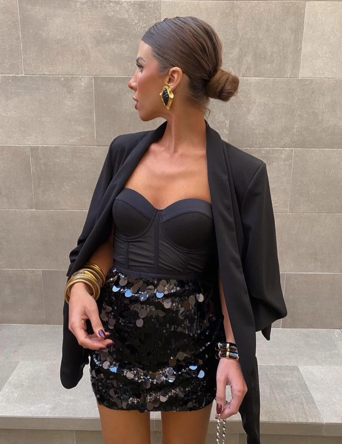 Black Blazer Corset Top Sequin Skirt Outfit