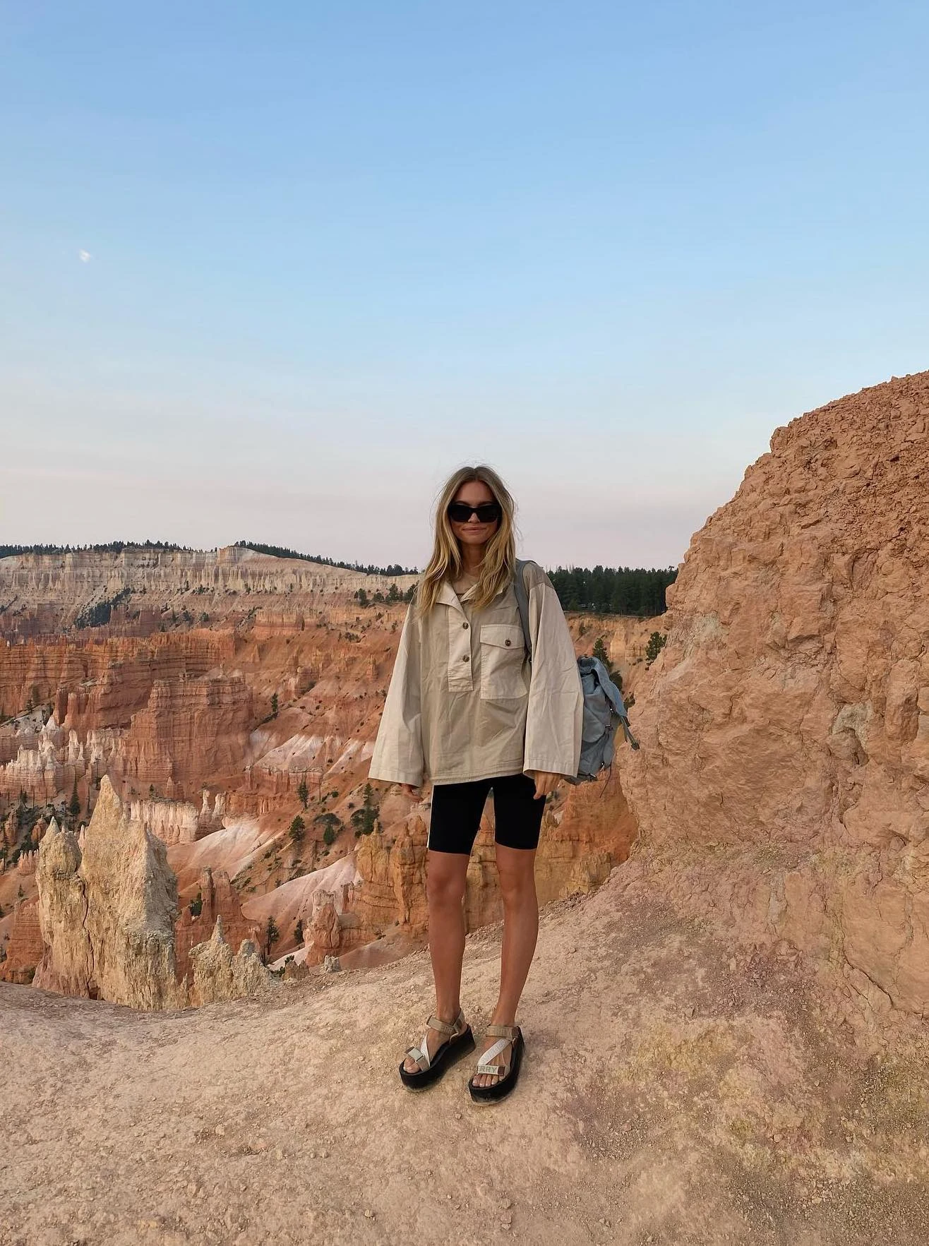 Cream Shirt Jacket Black Bike Shorts Hiking Outfit