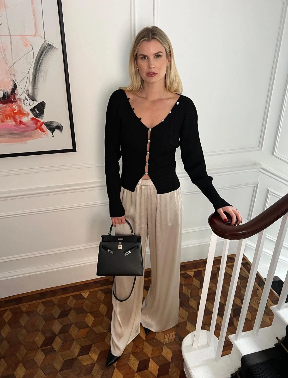 Black Cardigan Cream Wide-Leg Trousers Outfit with Pearl Buttons