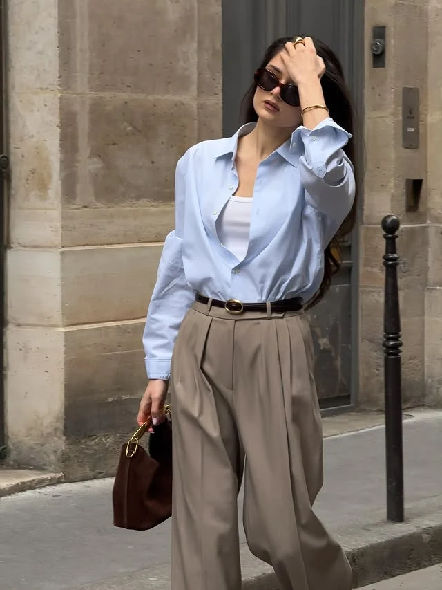 Oversized Blue Shirt Taupe Wide-Leg Trousers Outfit