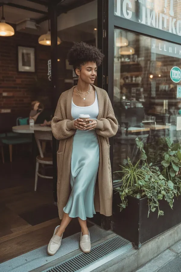 Camel Ribbed Cardigan with Sage Slip Skirt and Loafers