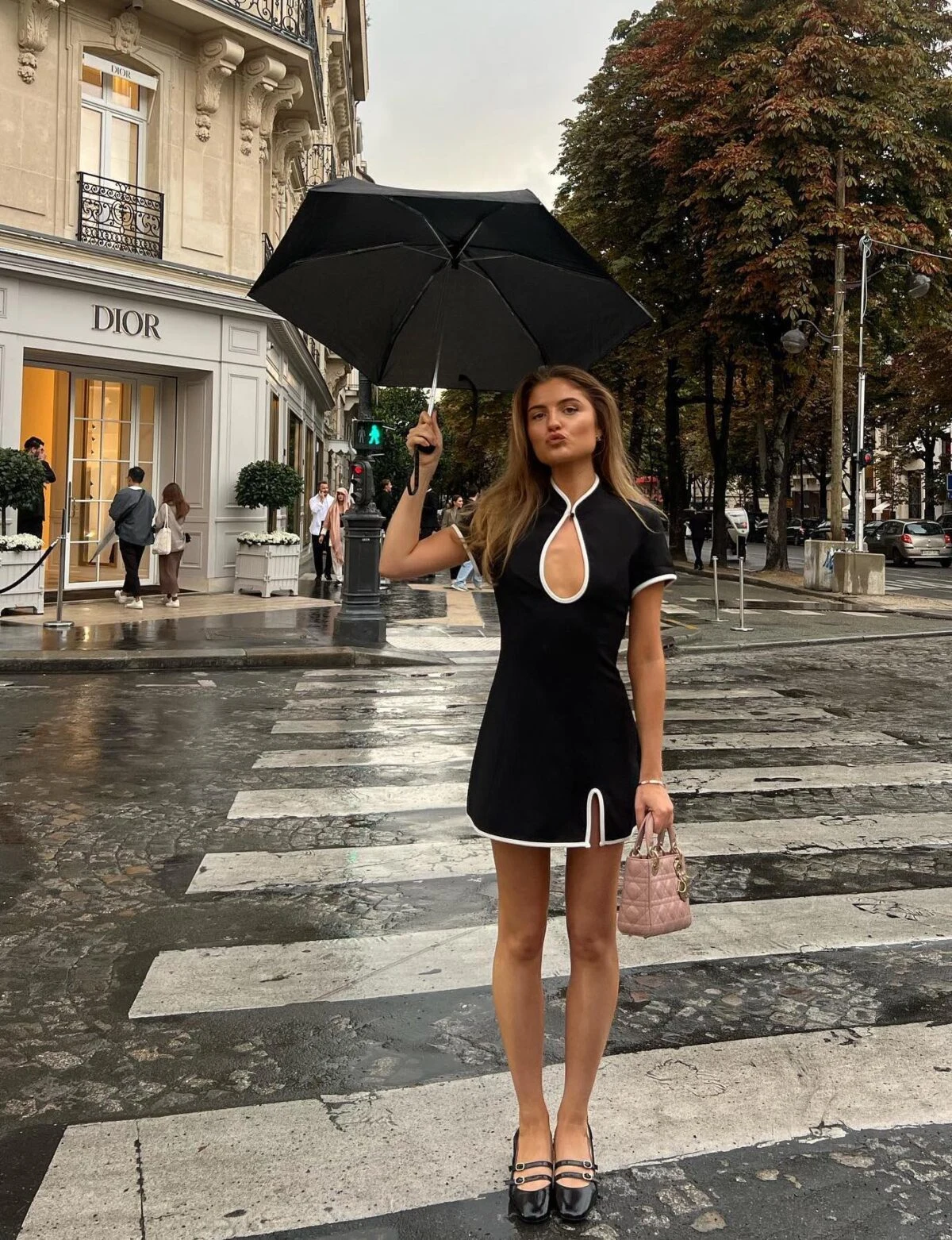 Black Keyhole Mini Dress Outfit with White Piping