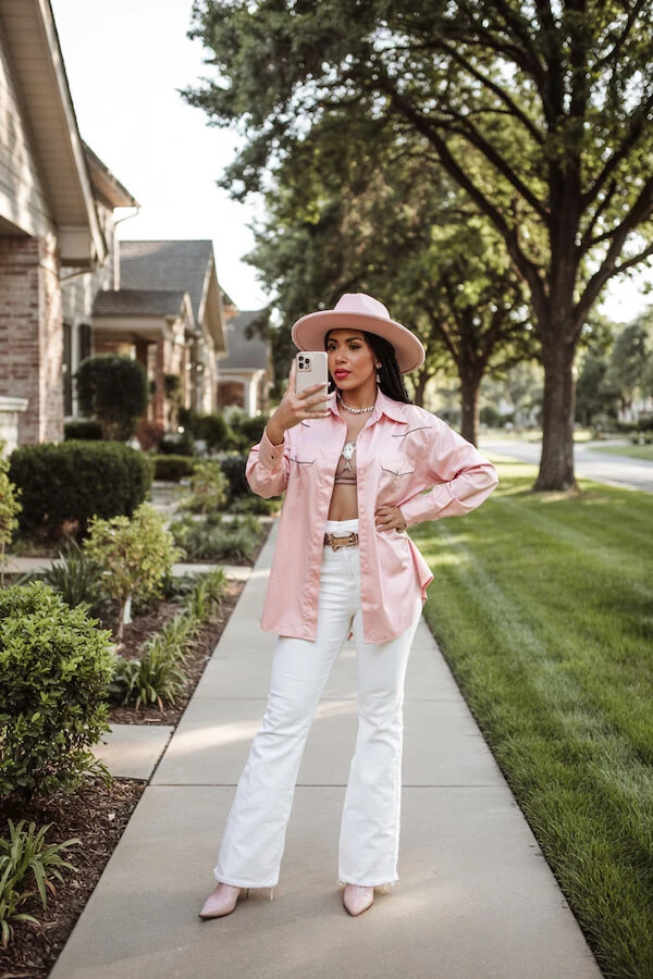 Pink Shacket Outfit with White Bootcut Jeans and Hat