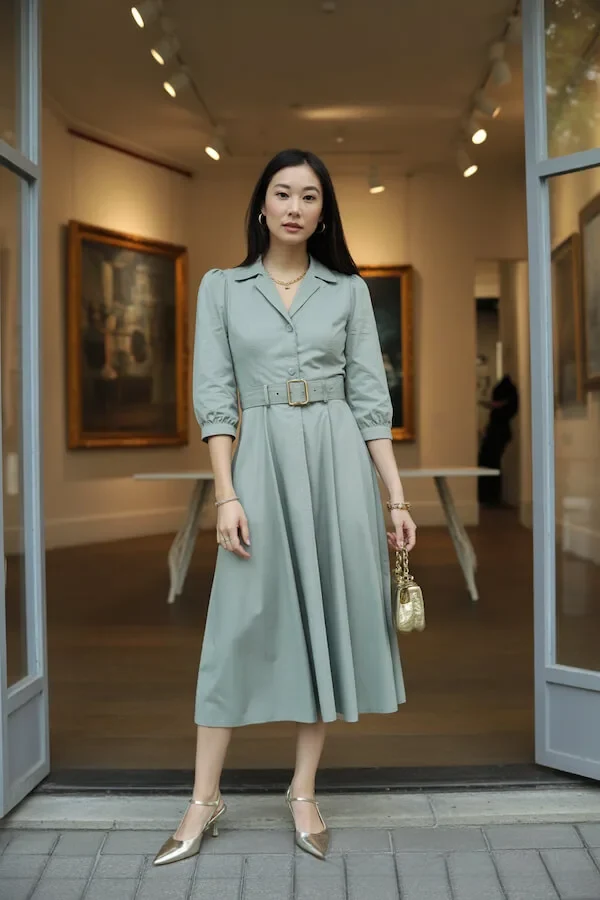 Sage Green Belted Shirt Dress with Gold Metallic Pumps