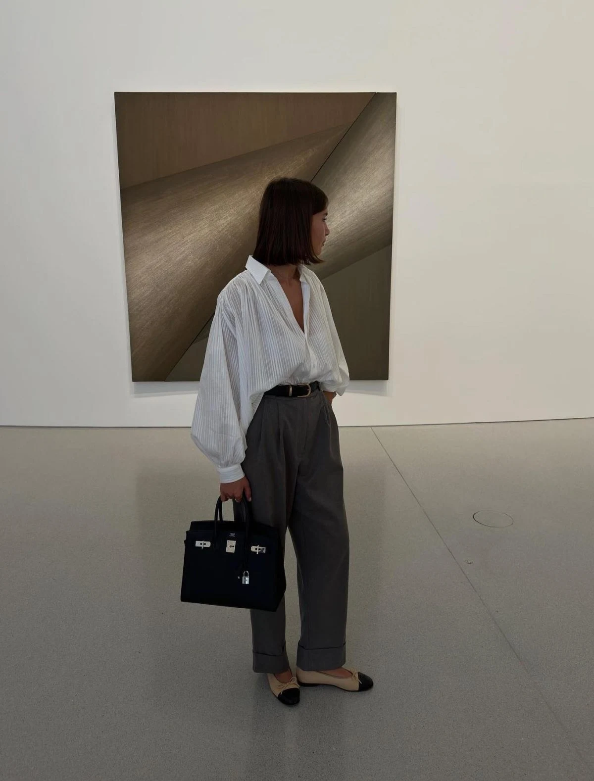 Oversized White Striped Shirt Charcoal Trousers Outfit