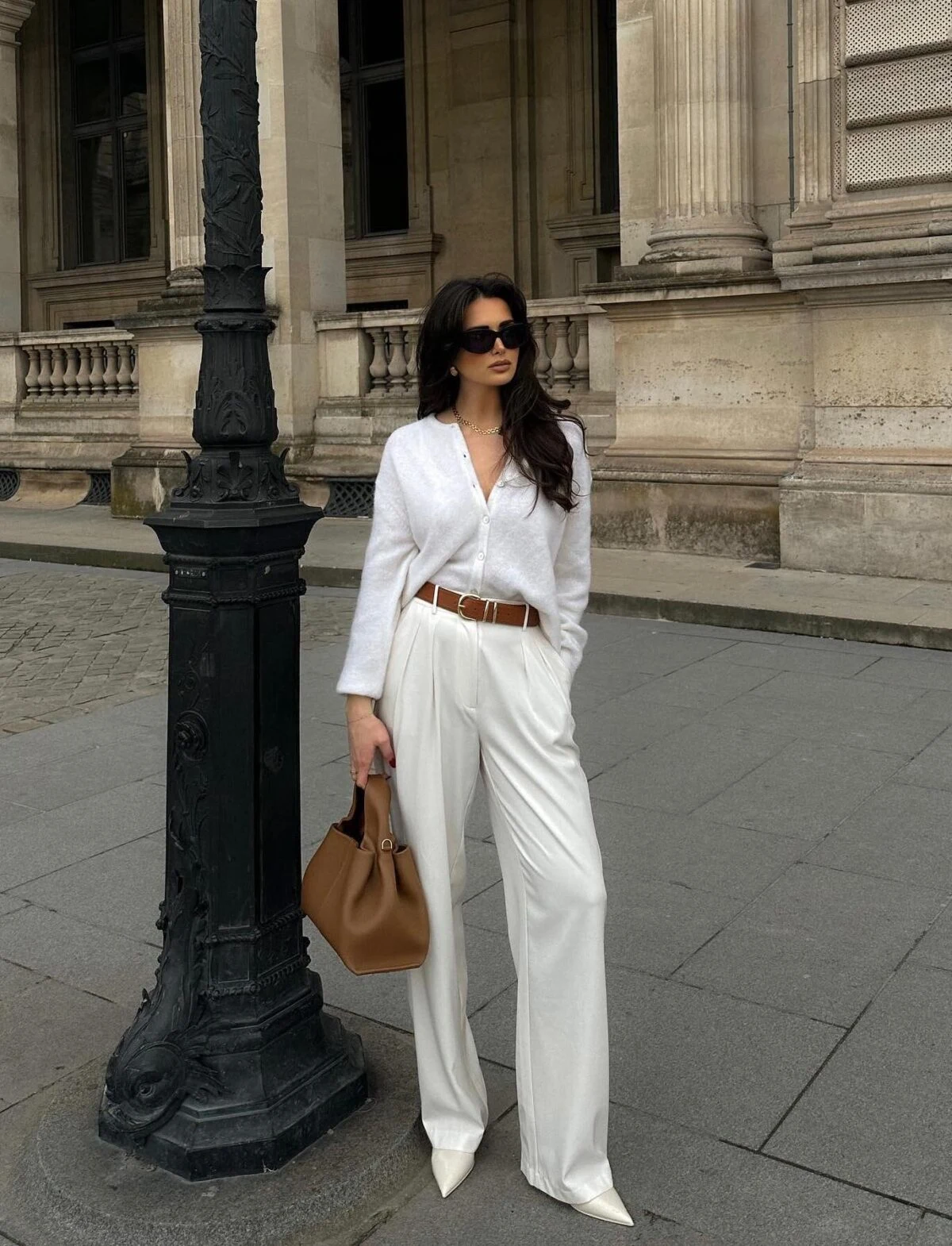 White Linen Shirt Wide-Leg Trousers Outfit with Tan Belt