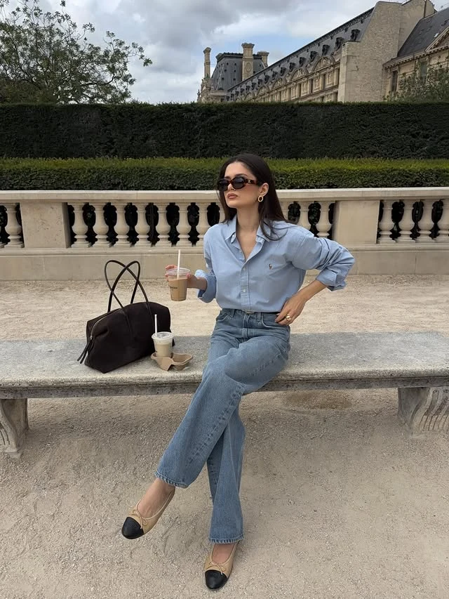 Blue Button-Down Wide-Leg Jeans Outfit Paris Style