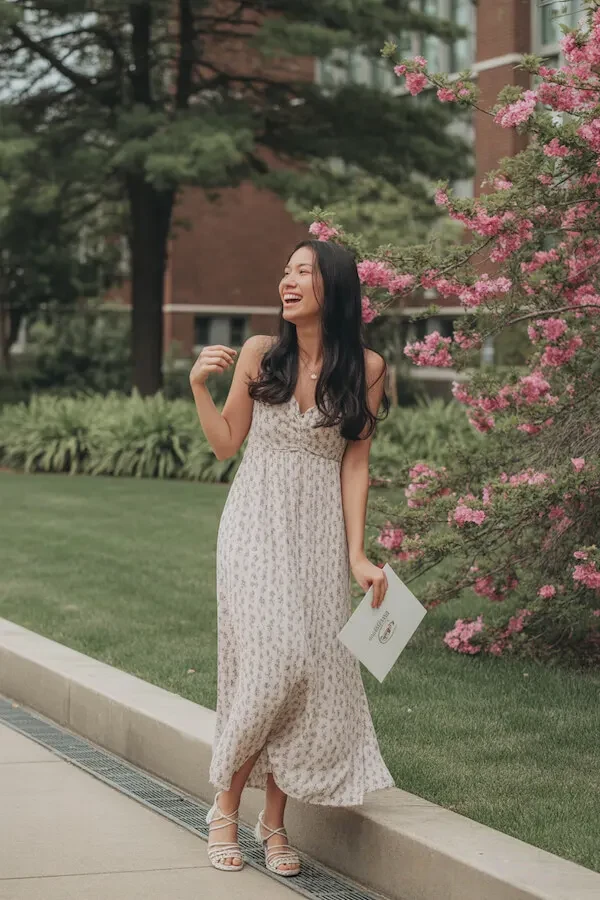 Cream Floral Print Midi Dress with Strappy Sandals for Garden Event