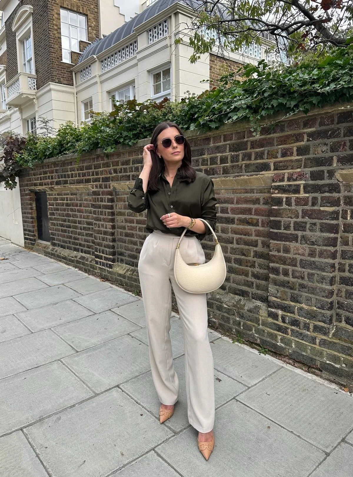 Olive Shirt Cream Wide-Leg Trousers Outfit