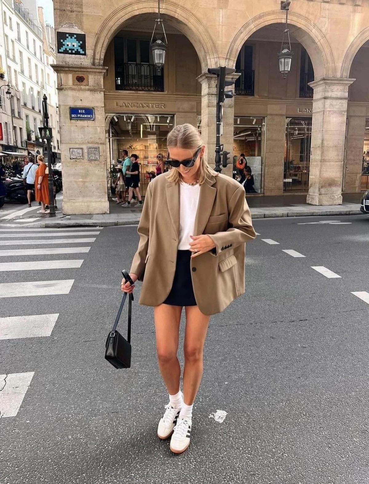 Camel Blazer Black Mini Skirt White Sneakers Outfit