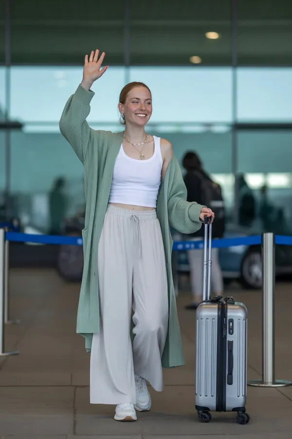 Sage Green Longline Cardigan with White Crop Top and Wide-Leg Linen Trousers
