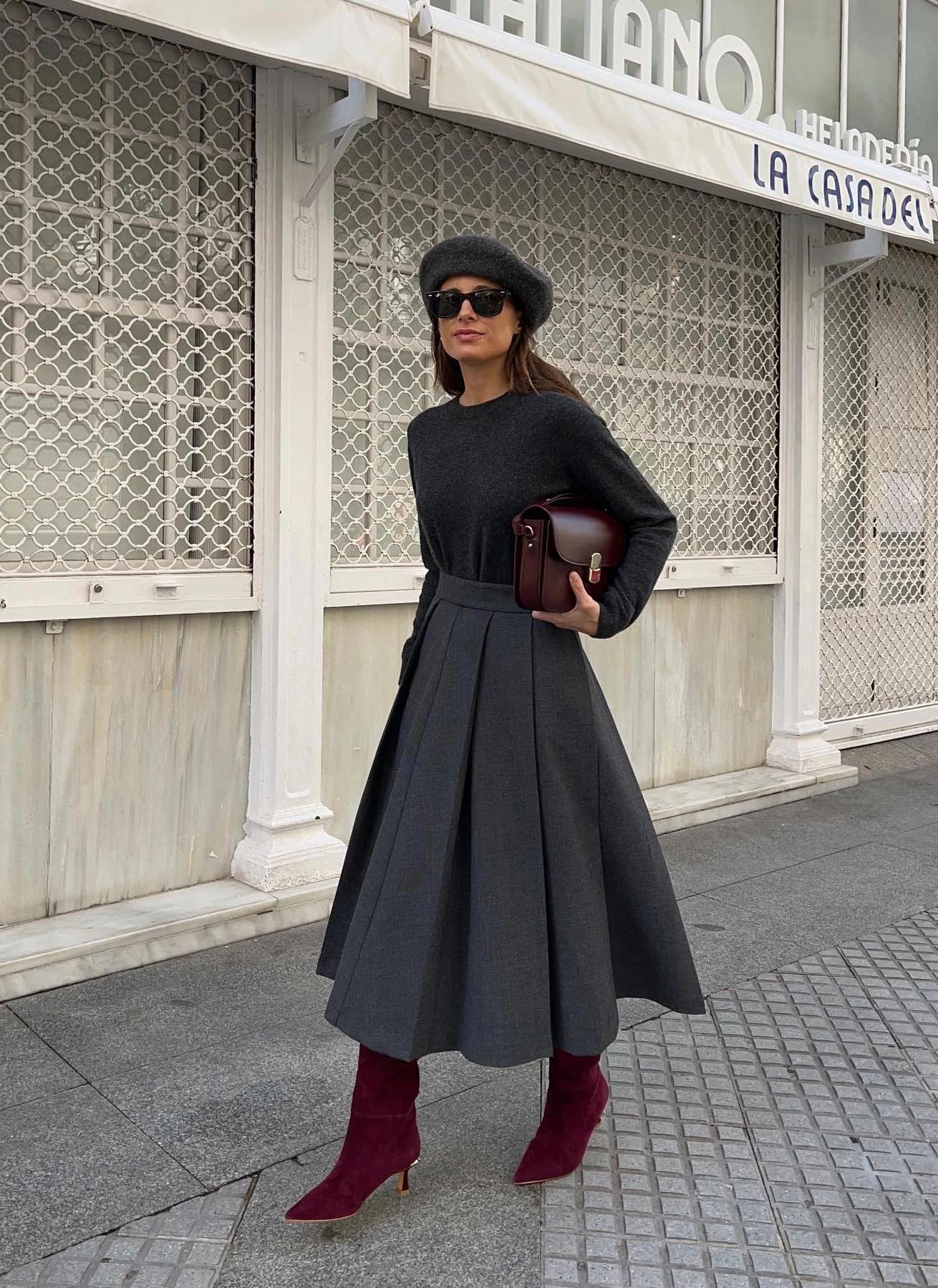 Charcoal Gray Midi Dress with Burgundy Boots Fall Outfit