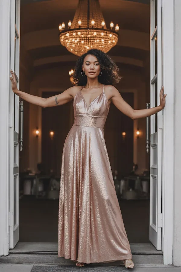 Rose Gold Metallic Maxi Dress with Plunge Neckline and Waist Definition