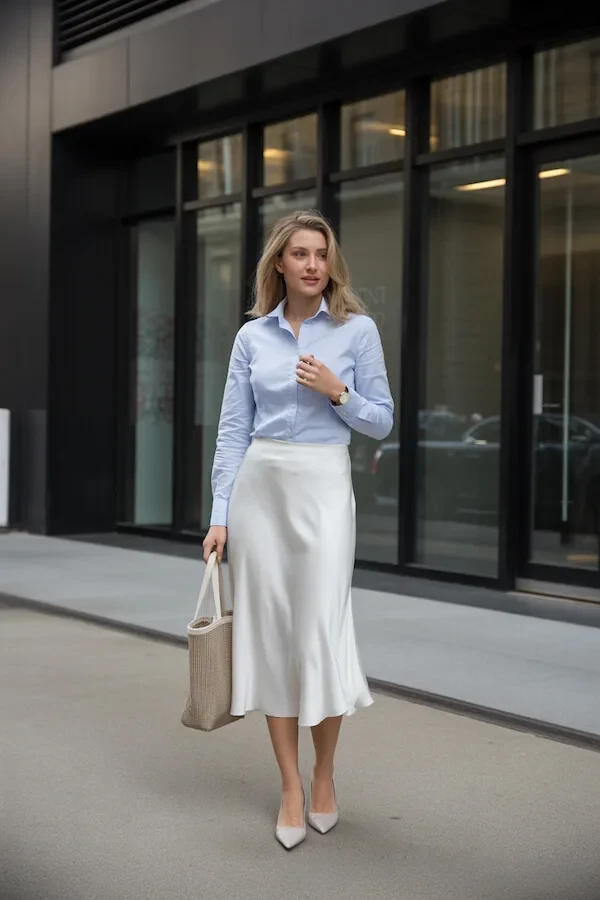Light Blue Shirt Ivory Slip Skirt Office Outfit