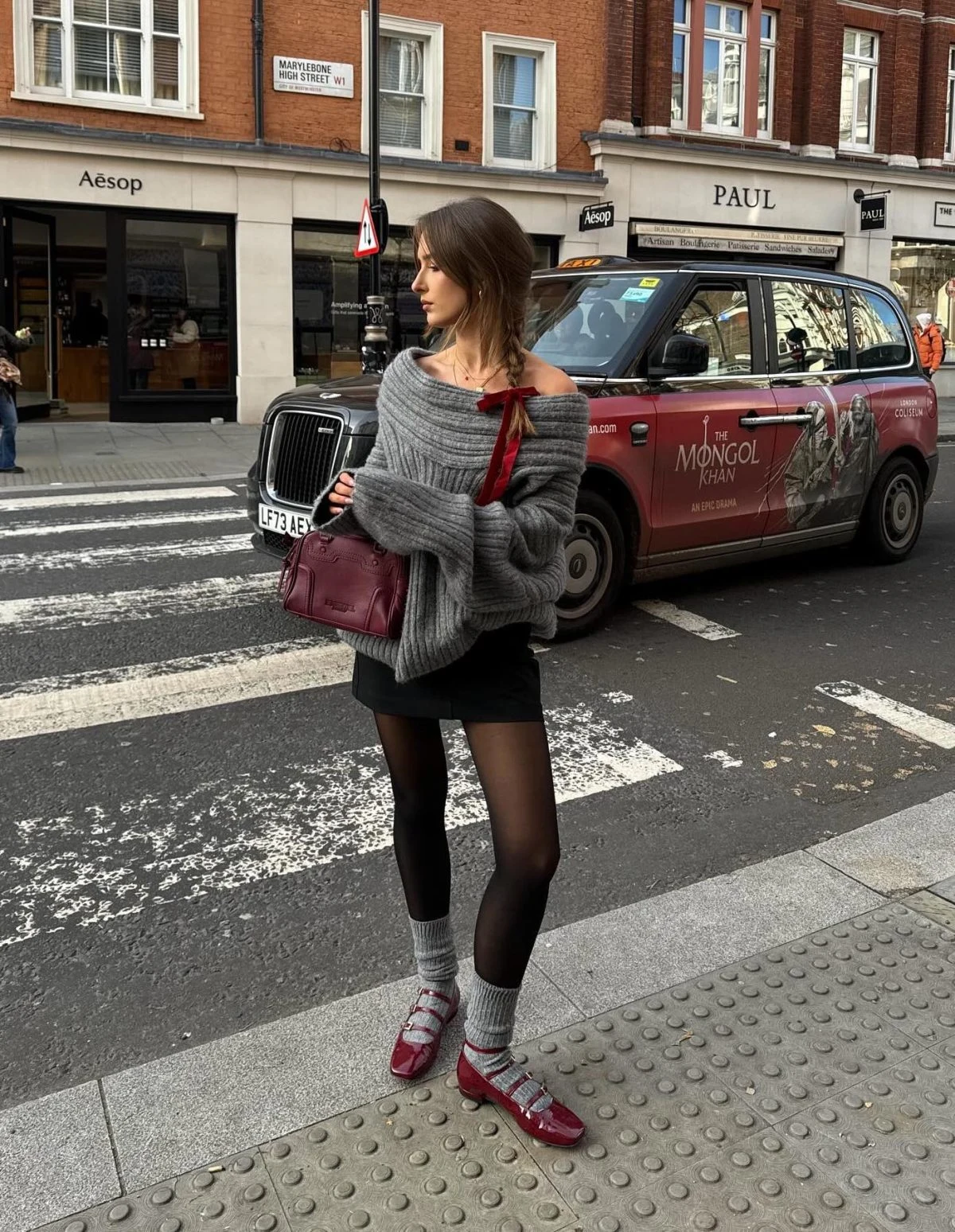 Grey Off-Shoulder Sweater Outfit with Red Ballet Flats