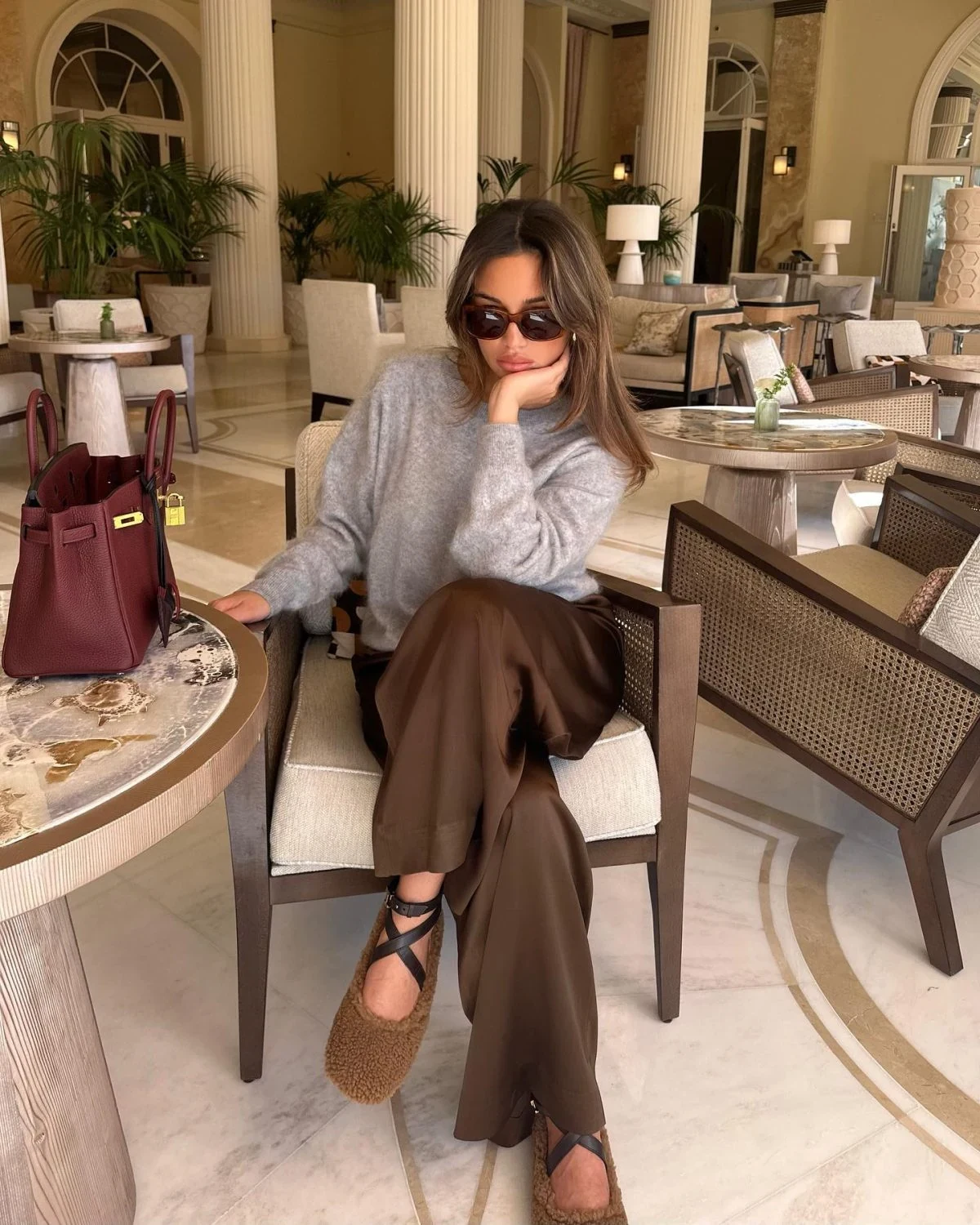 Gray Sweater Chocolate Brown Trousers Outfit with Shearling Flats