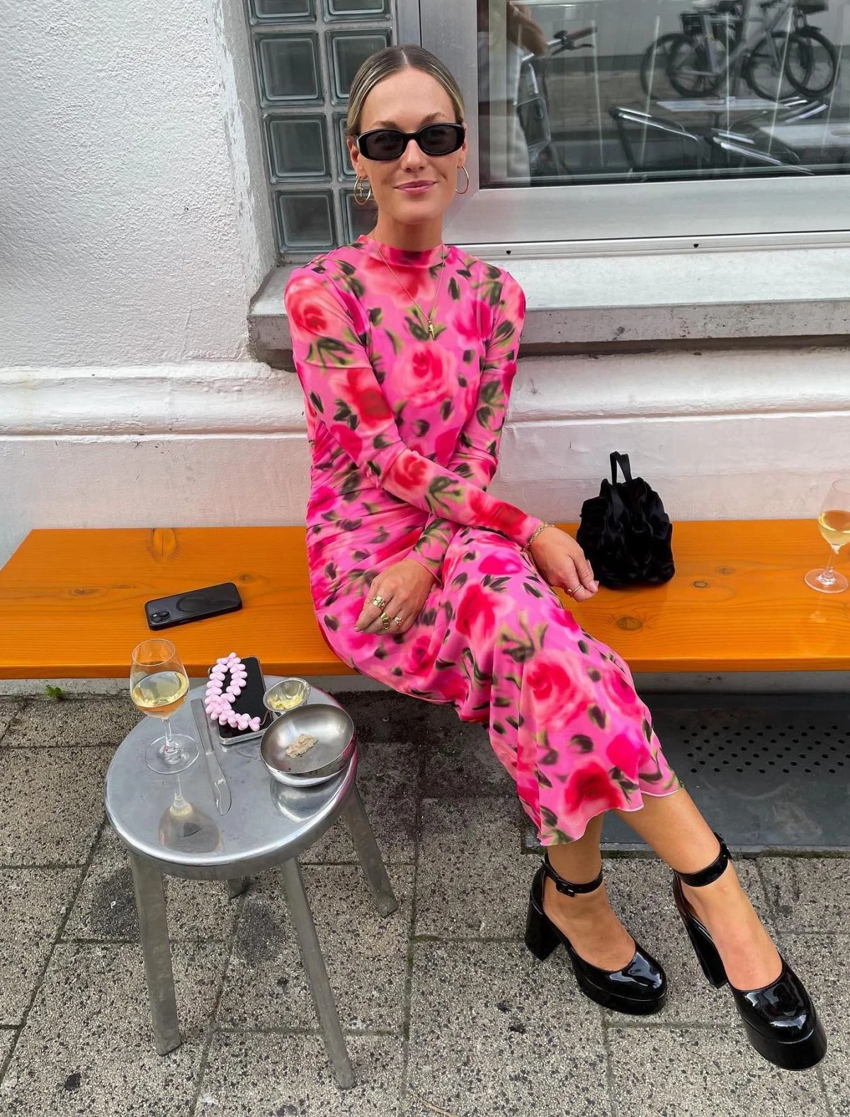 Pink Floral Mesh Midi Dress Outfit with Black Heels