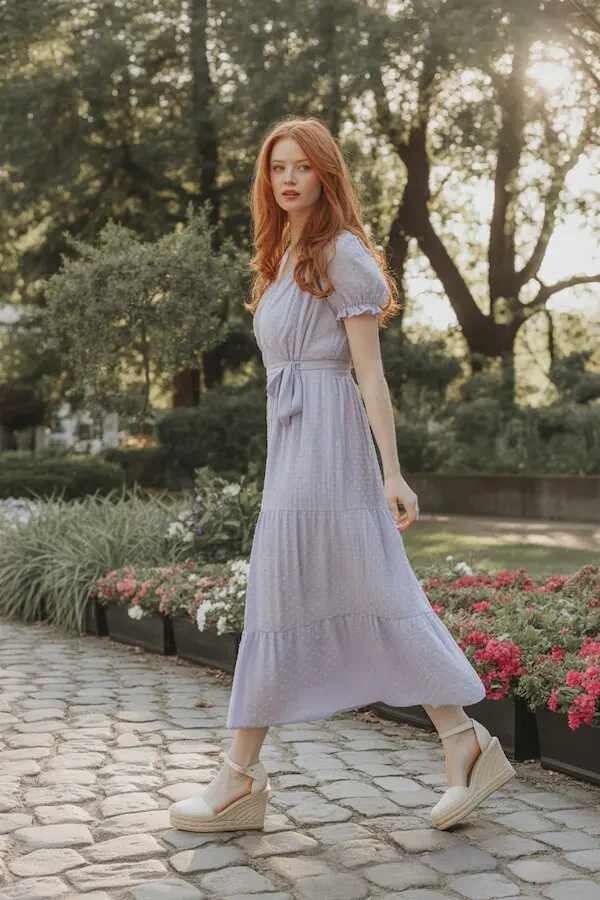 Lavender Tiered Midi Dress with Puff Sleeves and Tie Waist