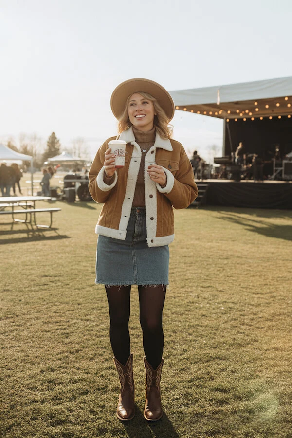 Tan Corduroy Sherpa Jacket with Denim Mini Skirt and Brown Turtleneck