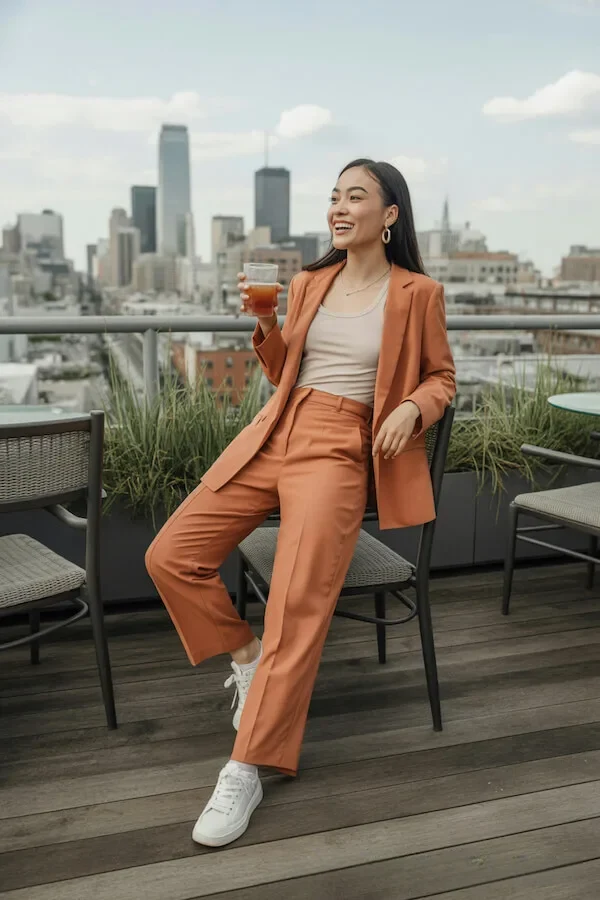 Terracotta Oversized Blazer and Wide-Leg Trouser Suit with White Sneakers