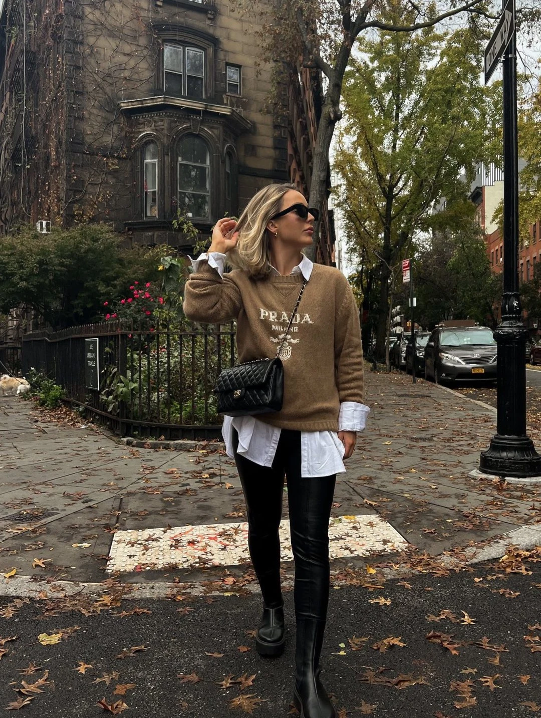 Camel Sweater White Shirt Black Leather Pants Outfit