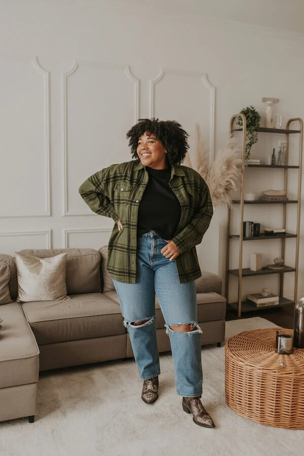 Olive Green Plaid Shacket Outfit with Distressed Jeans