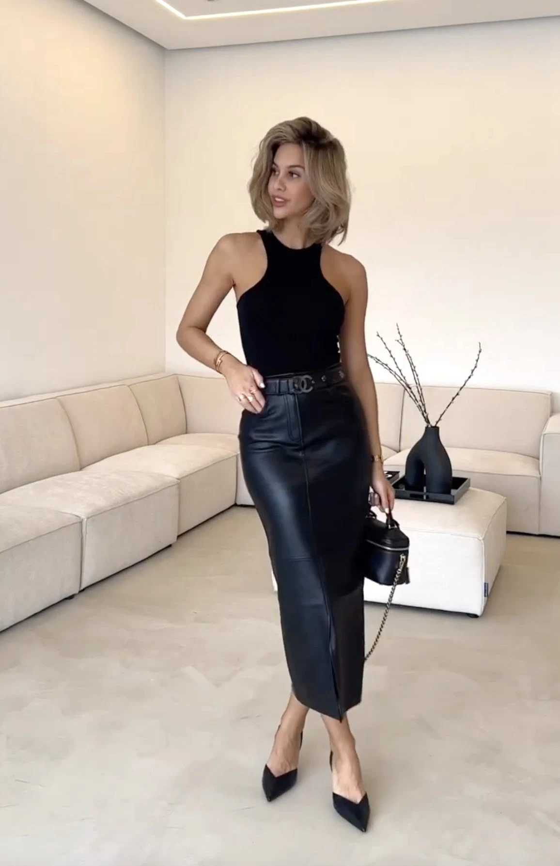 Black Halter Top Leather Maxi Skirt Outfit