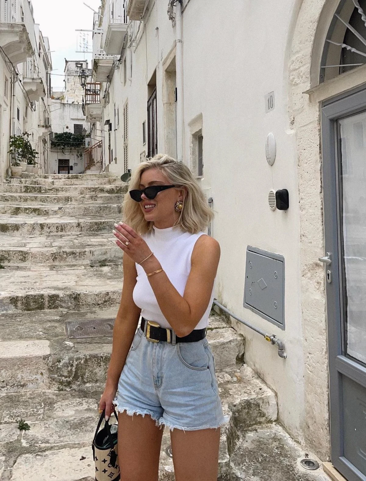 White Tank Top Light Blue Denim Shorts Summer Outfit