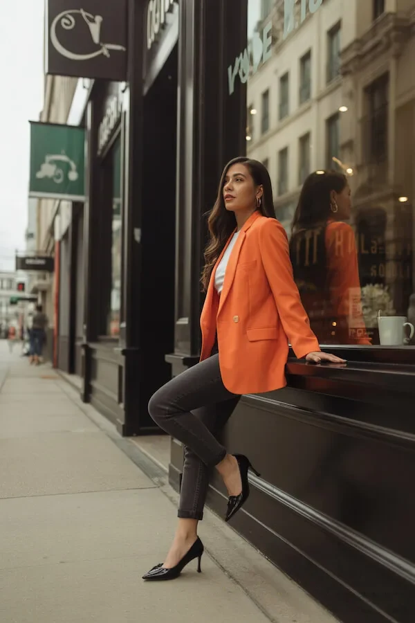 Orange Blazer Outfit with Black Trousers and Patent Pumps