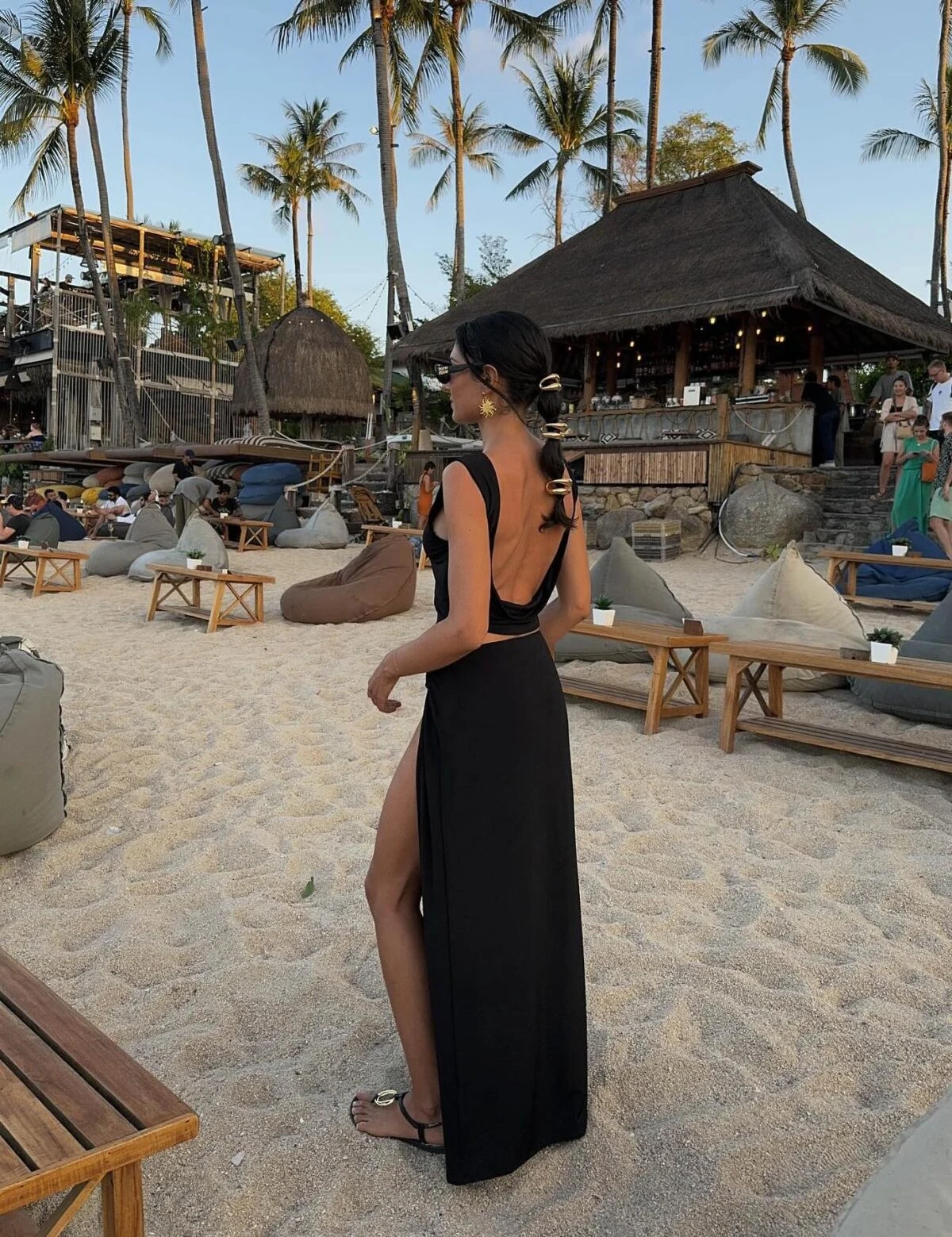 Black Backless Maxi Dress with High Slit Beach Outfit