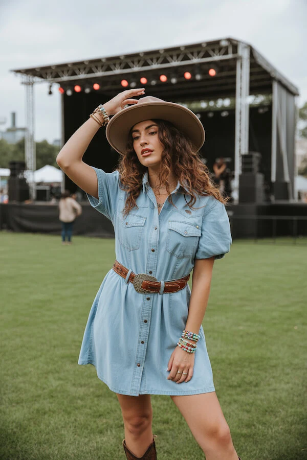Chambray Shirt Dress with Western Belt and Wool Fedora Concert Outfit