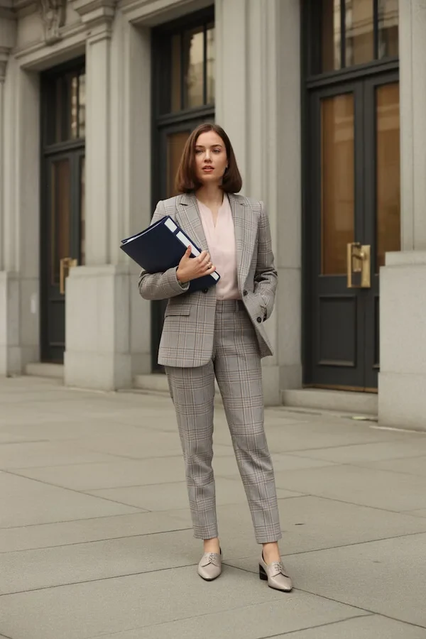 Grey Check Suit with Cream Blouse and Loafers