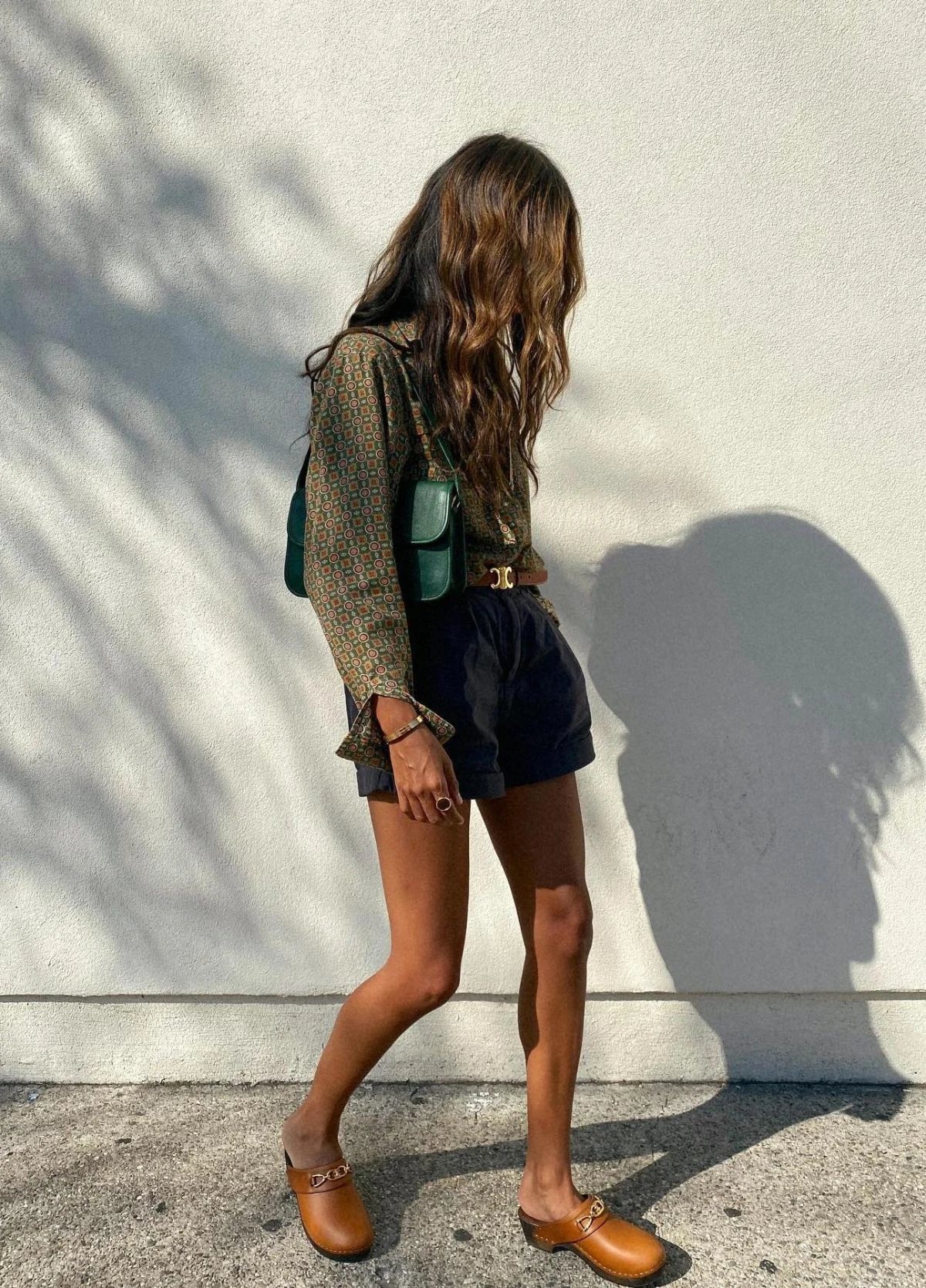 Printed Sheer Blouse Navy Shorts Outfit with Brown Clogs