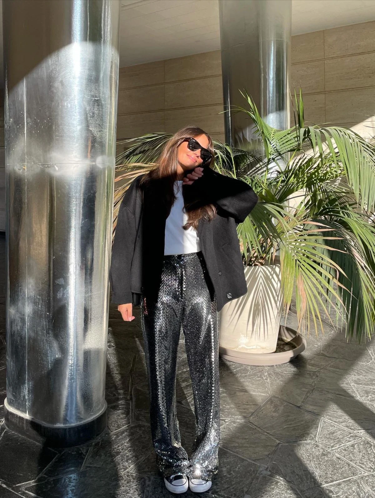 Black Blazer Sequin Wide-Leg Trousers Outfit with Sneakers