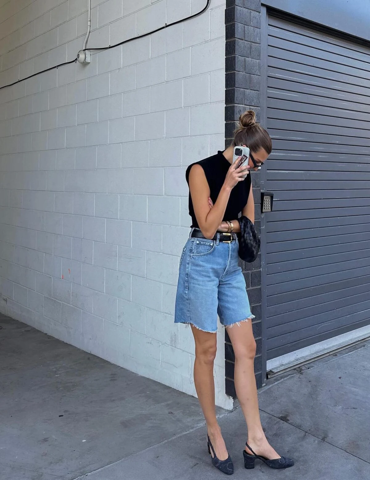 Black Top Denim Bermuda Shorts Outfit with Block Heel Mules