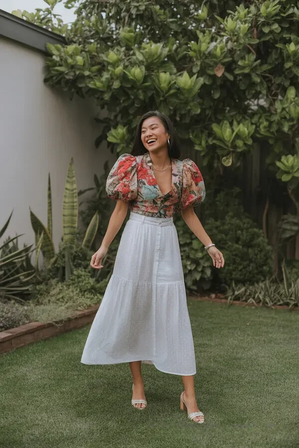 Floral Puff Sleeve Crop Top with White Midi Skirt Spring Outfit
