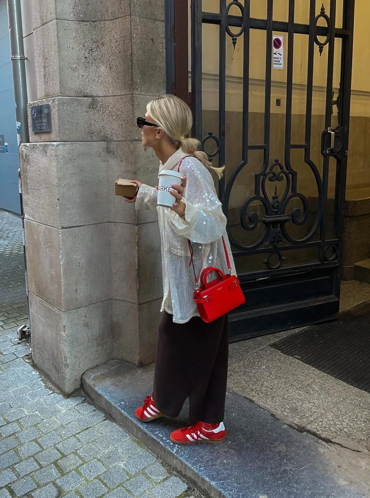 White Sequin Cardigan Outfit with Wide-Leg Trousers