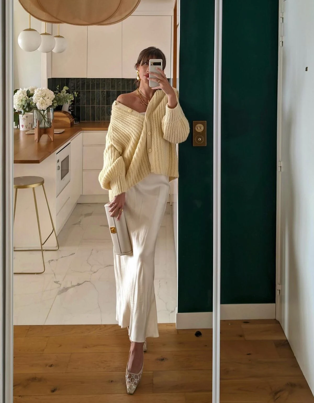 Butter Yellow Cardigan Outfit with Cream Wide-Leg Trousers