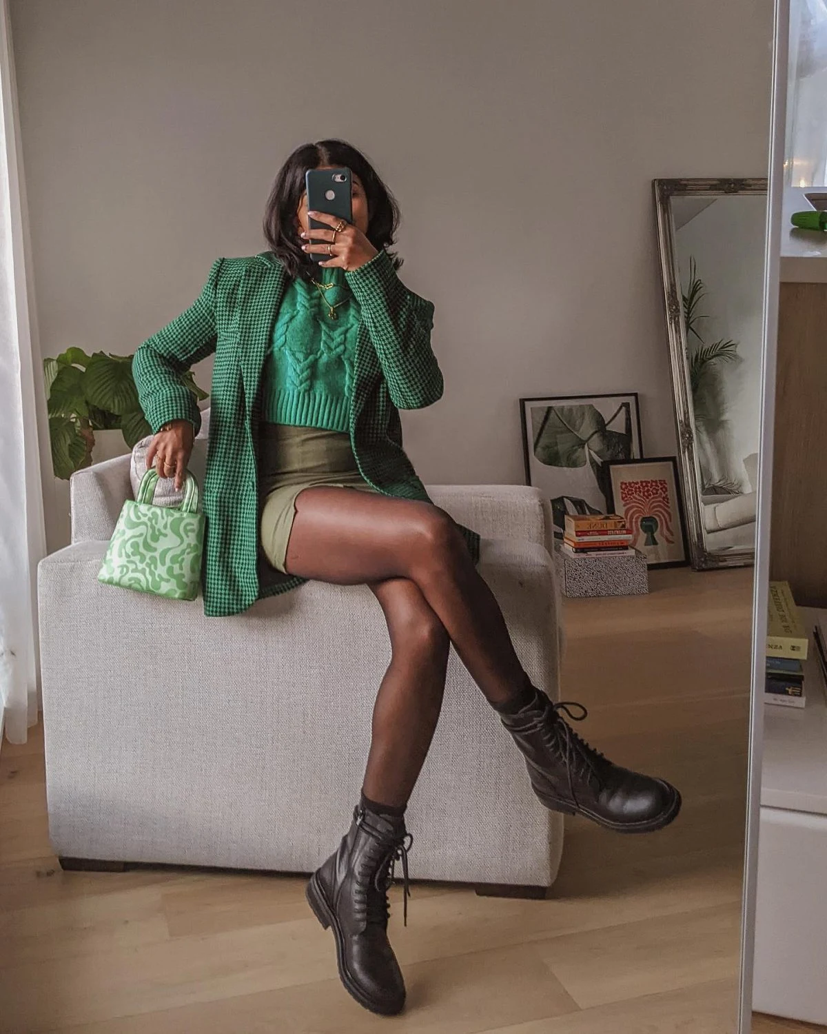 Green Gingham Blazer Outfit with Cable Knit Sweater